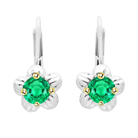Flower Style Drop Earrings With Round Cut Green Emeralds