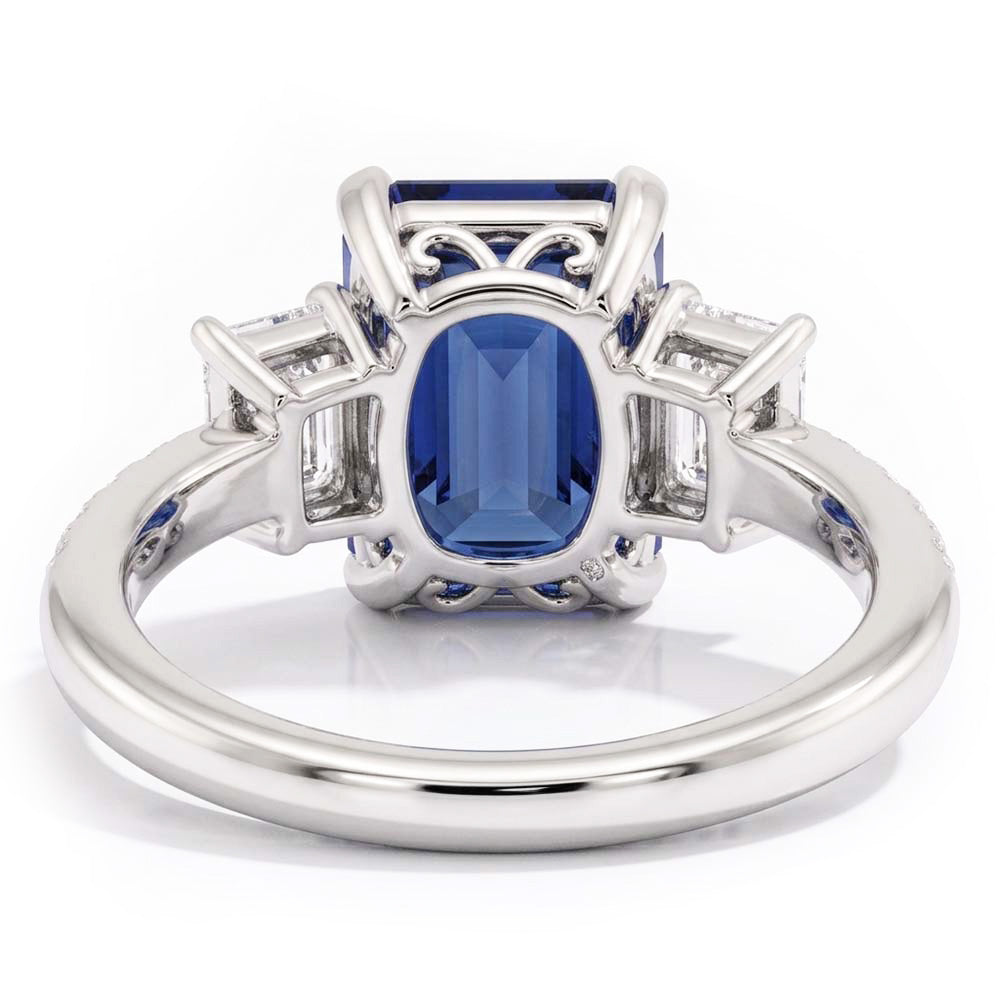 Gemstone Emerald Blue Sapphire Ring 3 Stone Style & Natural Earth Mined Diamonds 4 Carats