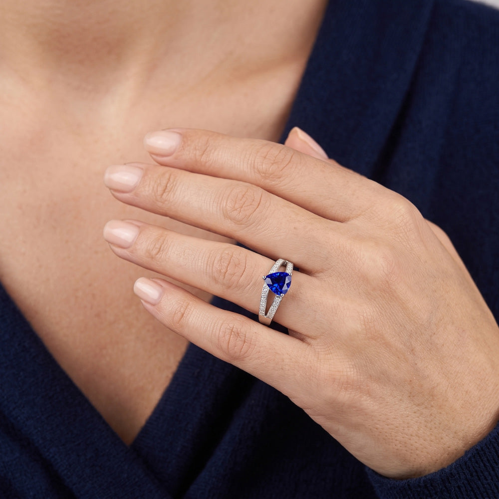 Gemstone Jewelry Trillion Sapphire Ring Split Shank Natural Earth Mined Diamonds 1 Carat