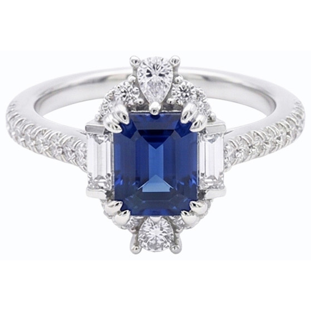 Gemstone Ring Emerald Sapphire Baguette & Pave Set Natural Earth Mined Diamond 3.50 Carats