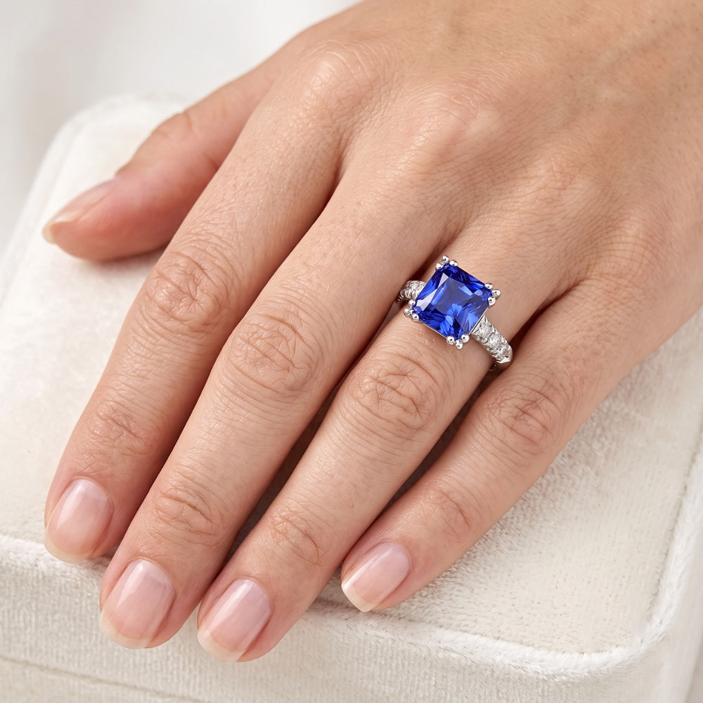 Gemstone Ring Radiant Blue Sapphire Prong Set Natural Earth Mined Diamonds 2.50 Carats
