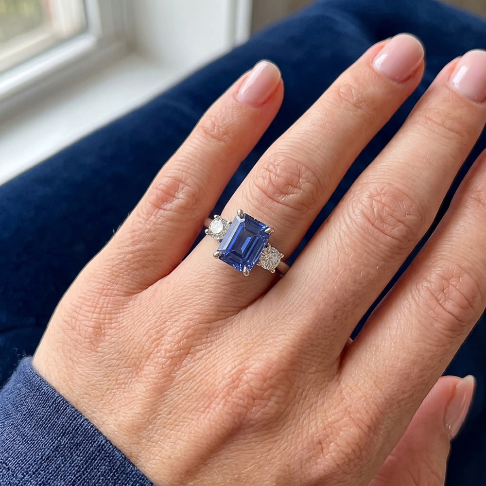 Gemstone Three Stone Ring Round Natural Earth Mined Diamond & Ceylon Sapphire 3.50 Carats