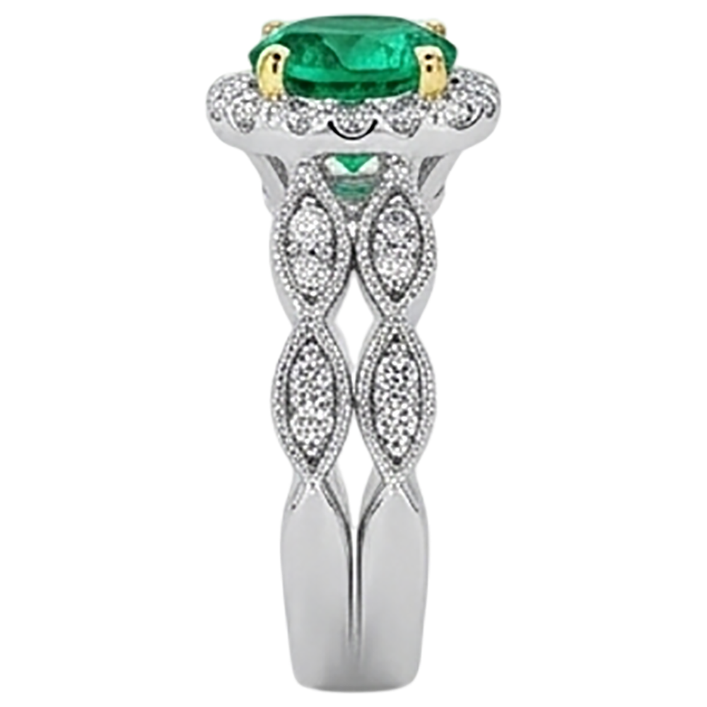 Natural Real ( Not Lab Grown ) Genuine Green Emerald GIA Diamond Ring Set Halo Milgrain Style