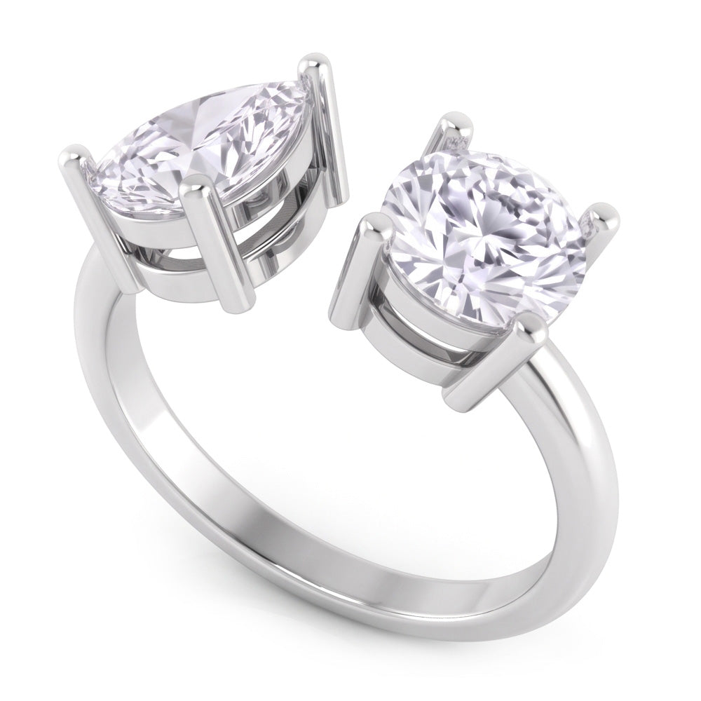 Genuine Toi Et Moi Pear & Round Natural Earth Mined Diamond Two Stone Ring 2 Carats