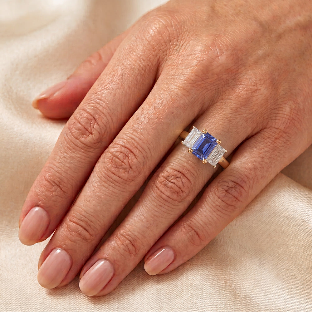 Gold 3 Stone Blue Sapphire Emerald Natural Earth Mined Diamond Ring 3.50 Carats