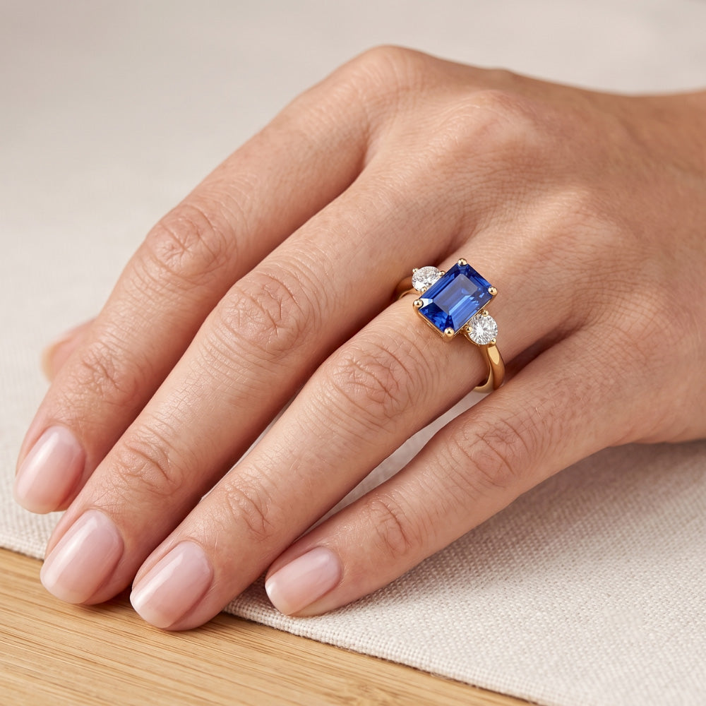 Gold 3 Stone Emerald Ceylon Sapphire Ring Natural Earth Mined Diamonds 3 Carats