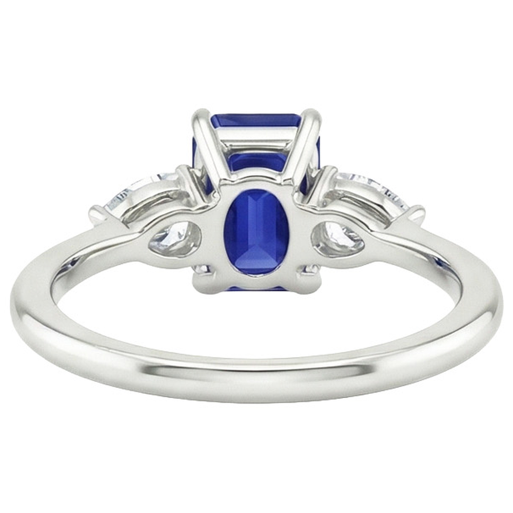 Gold 3 Stone Ring Emerald Cut Blue Sapphire & Pear Natural Earth Mined Diamond 3.50 Carats