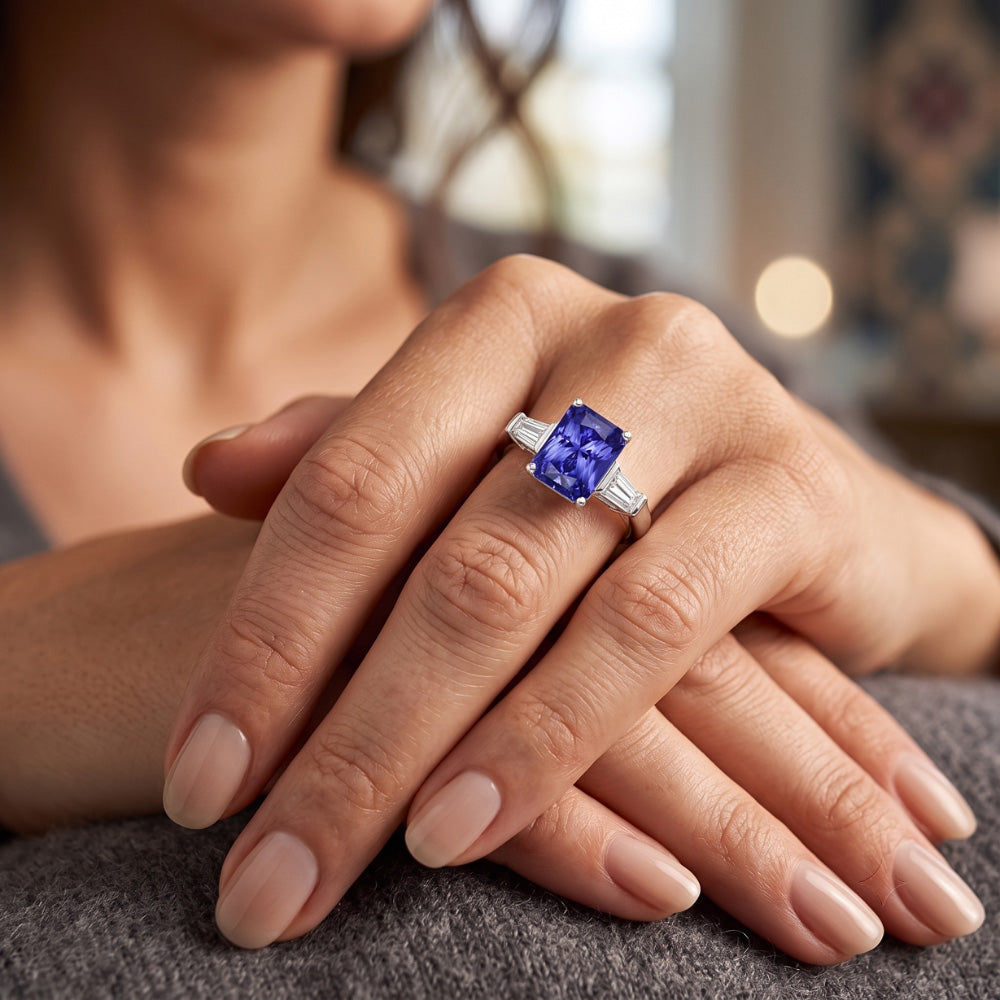 Gold Baguette Natural Earth Mined Diamond Ring 3 Stone Ceylon Sapphire Jewelry 2.50 Carats