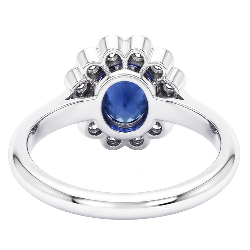 Gold Bezel Set Halo Oval Ceylon Sapphire And Natural Earth Mined Diamond Ring 9.70 Carats