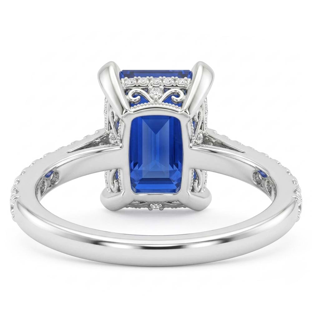 Gold Engagement Ring Emerald Blue Sapphire & Pave Natural Earth Mined Diamonds 2.50 Carats