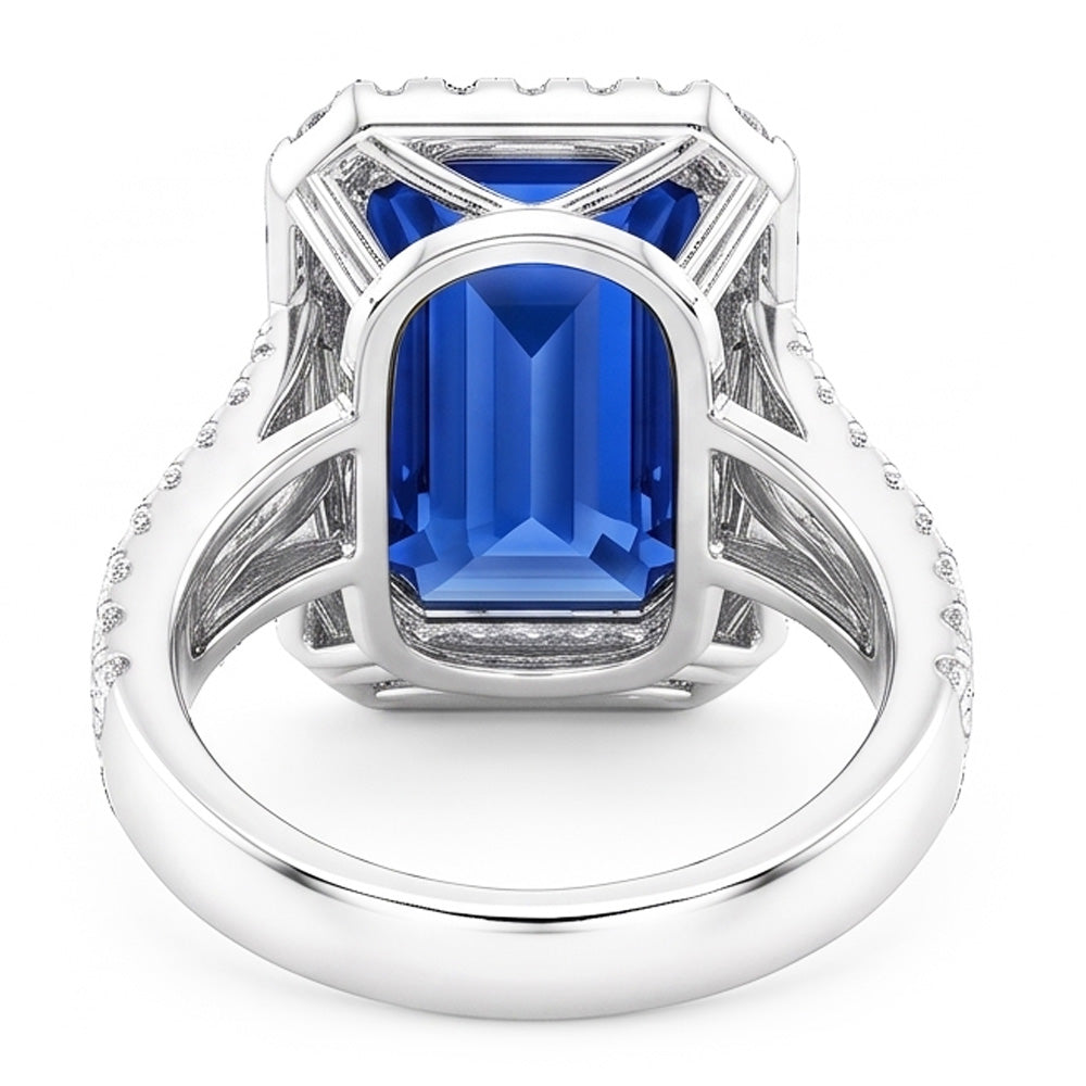 Gold Halo Natural Earth Mined Diamond Emerald Cut Ceylon Sapphire Gemstone Ring 6 Carats