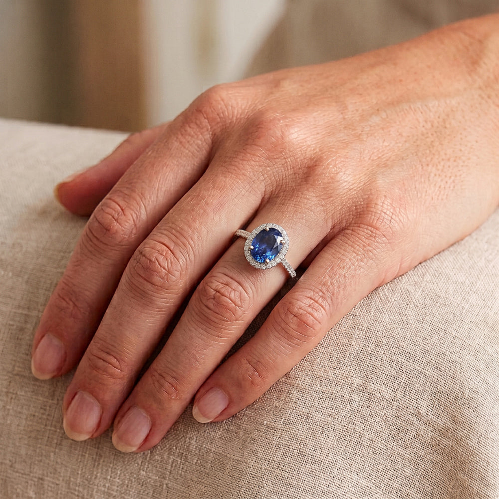 Gold Halo Oval Ceylon Sapphire Ring Natural Earth Mined Diamond Jewelry 3.50 Carats