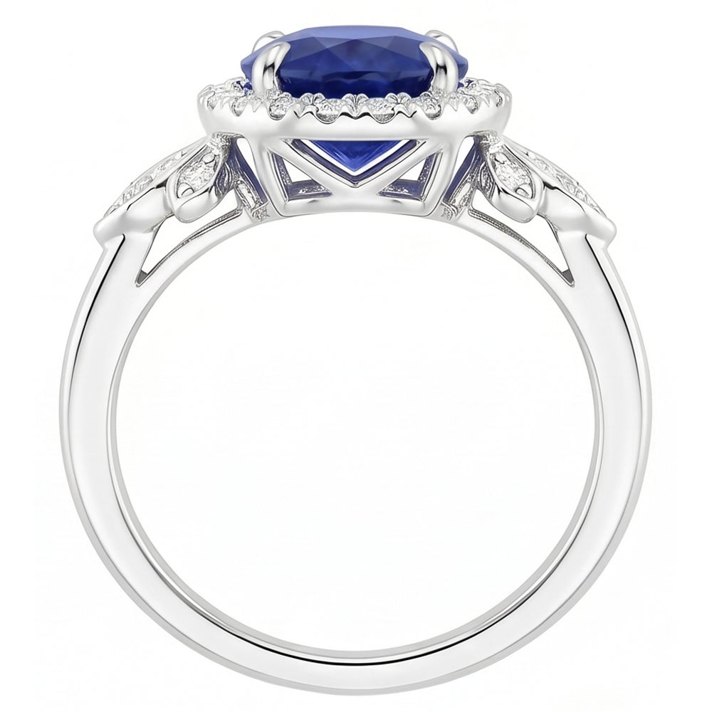 Gold Halo Ring Floral Style Sri Lankan Sapphire & Natural Earth Mined Diamonds 3.50 Carats