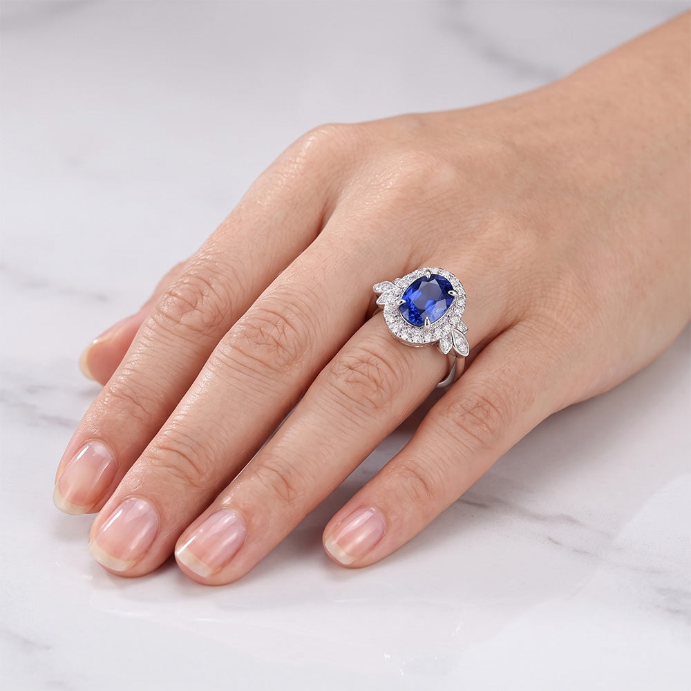 Gold Halo Ring Floral Style Sri Lankan Sapphire & Natural Earth Mined Diamonds 3.50 Carats