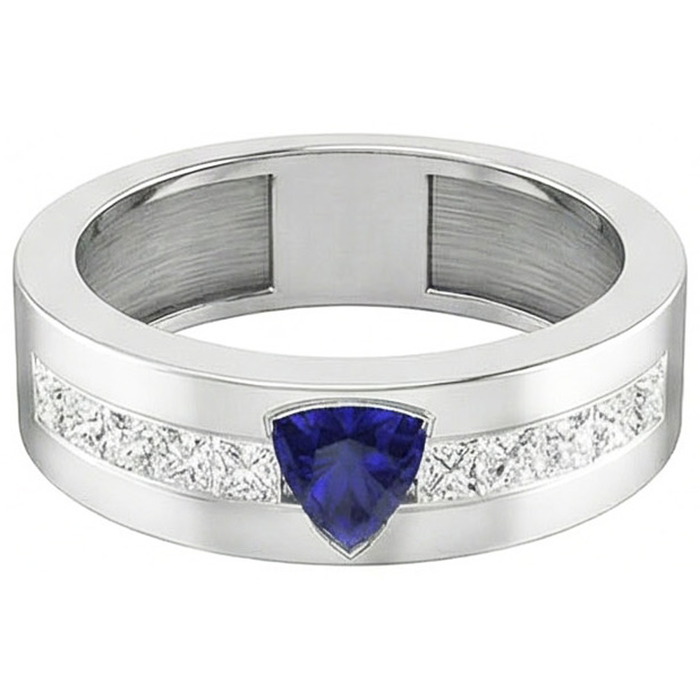 Gold Men's Ring Trillion Sapphire 2 Carats Channel Set Natural Earth Mined Diamonds