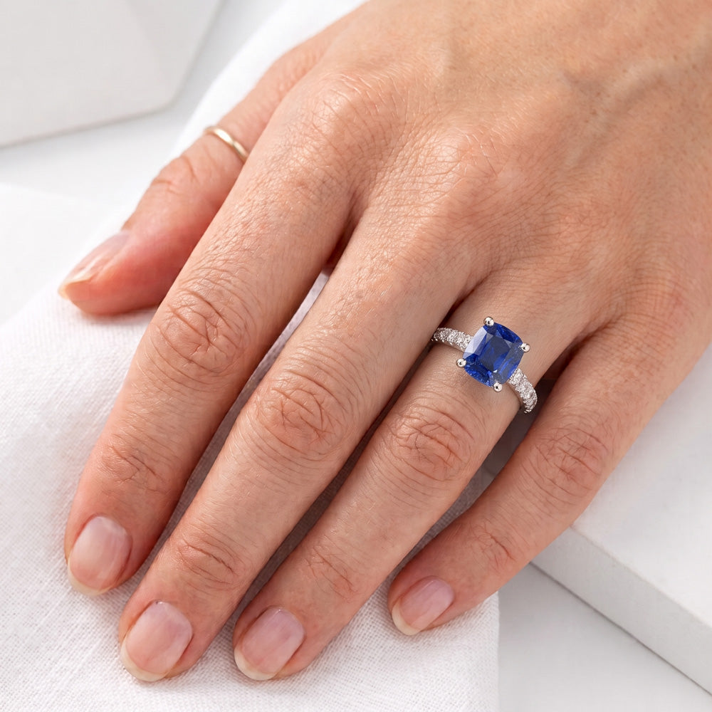 Gold Solitaire Cushion Cut Sapphire Ring & Pave Set Natural Earth Mined Diamonds 3 Carats