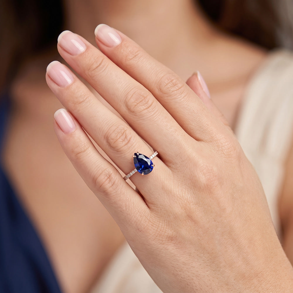 Gold Solitaire Pear Ceylon Sapphire Ring & Pave Set Natural Earth Mined Diamonds 3 Carats