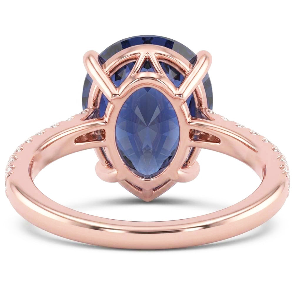 Gold Solitaire Pear Ceylon Sapphire Ring & Pave Set Natural Earth Mined Diamonds 3 Carats