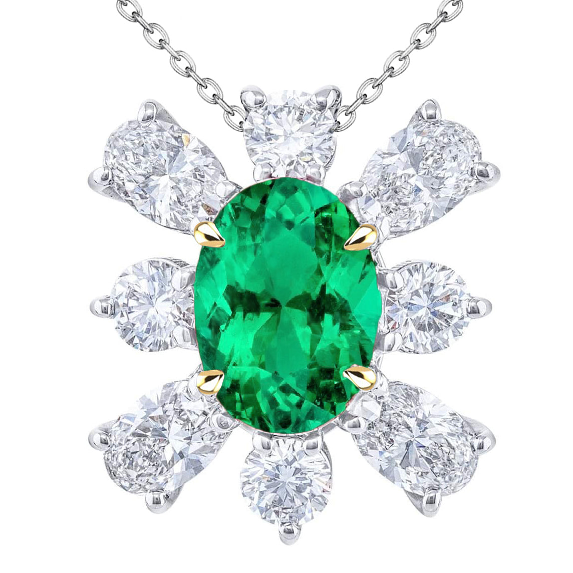 Gold Green Emerald Pendant Diamond Flower Style Necklace