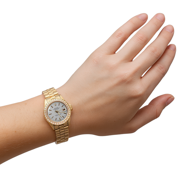 Gold Presidential Rolex Watch White Stick Dial Diamond Bezel Dj