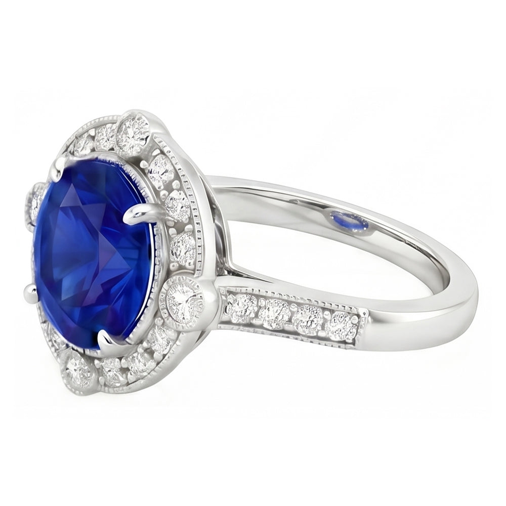 Gorgeous 5.61 Carats Sri Lanka Sapphire Round And Natural Earth Mined Diamond Gold Ring