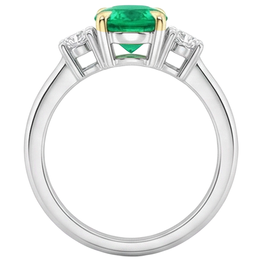 Natural Real ( Not Lab Grown ) Green Emerald GIA Ring Oval Three Stone Diamonds