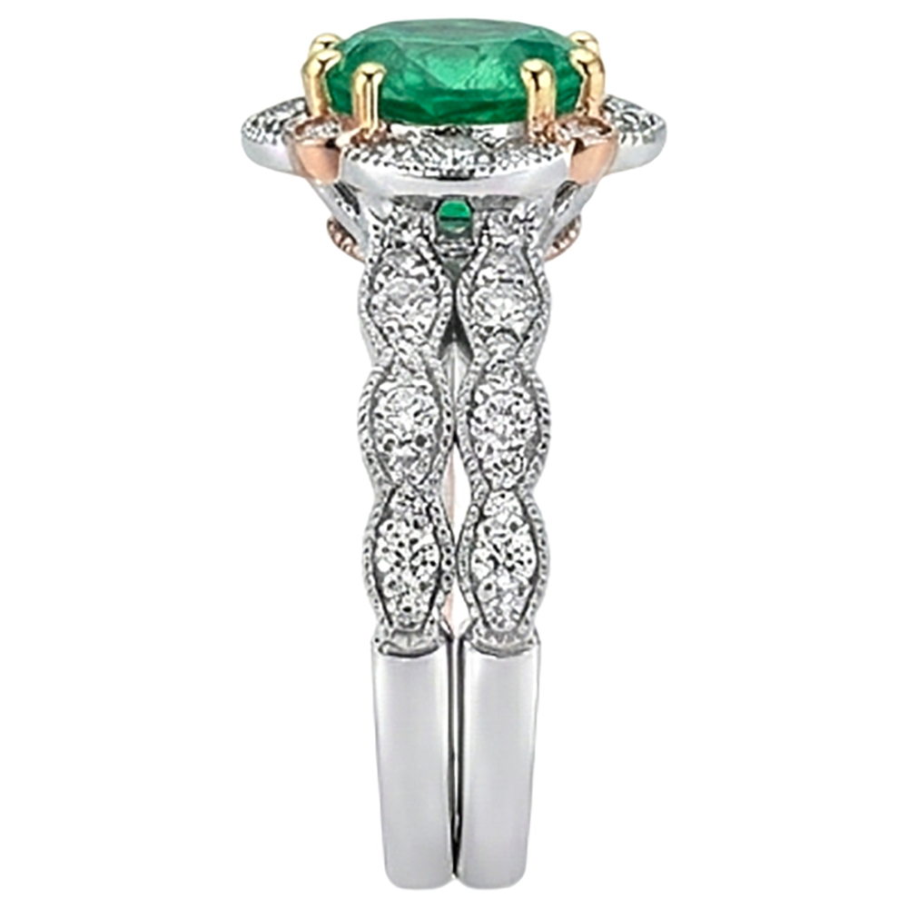 Natural Real ( Not Lab Grown ) Green Emerald GIA With Diamonds Halo Ring Set With Matching Band