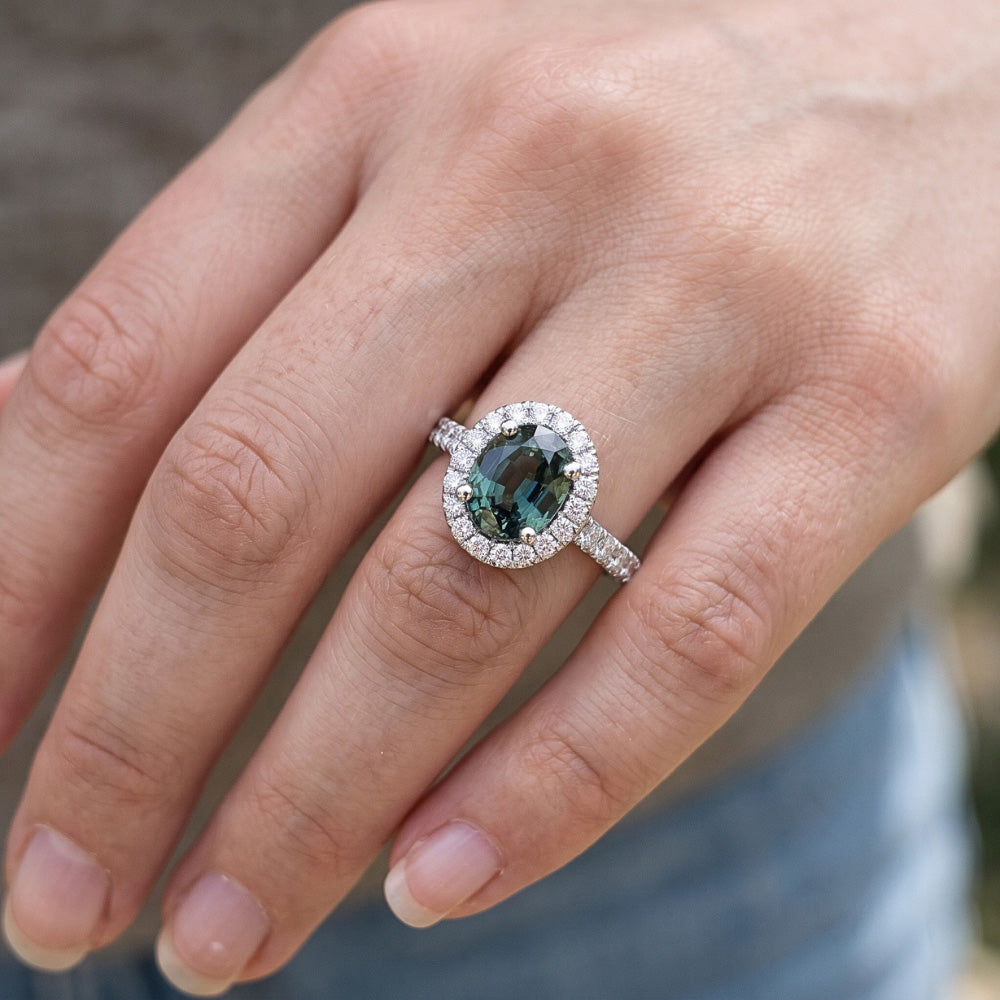 Green Sapphire Halo Oval Cocktail Ring