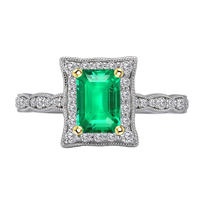 Green Emerald & Diamond Halo Ring Milgrain Vintage Style Jewelry