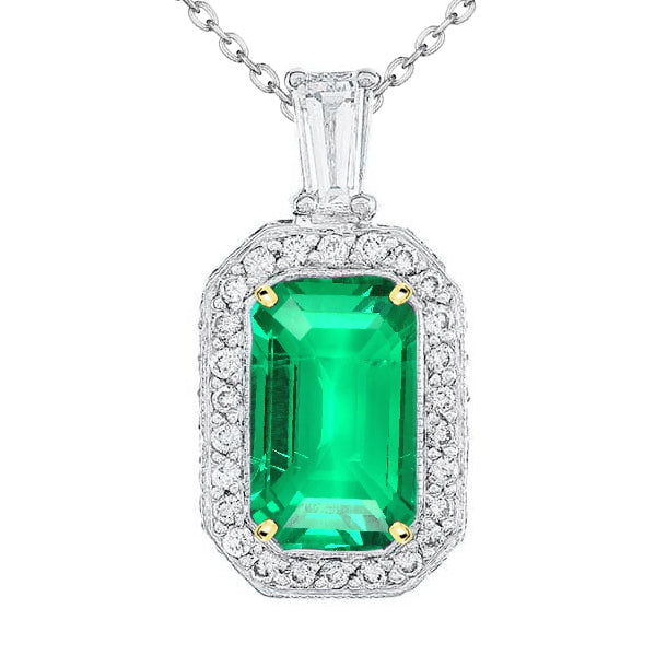 Green Emerald Halo Pendant With Baguette And Round Real Diamonds