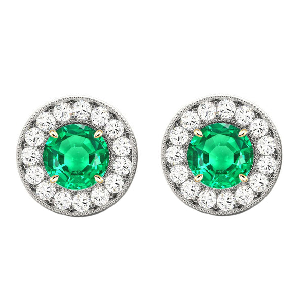 Green Emerald Halo Studs Diamond Earrings
