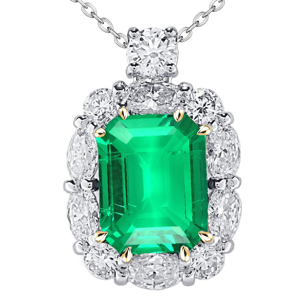 Green Emerald Octagon Shaped Halo Pendant With Chain