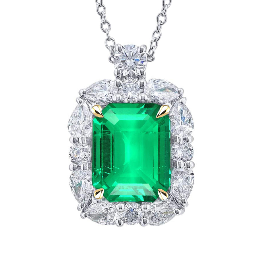 Green Emerald Shape Birthstone Pendant Halo Necklace With Chain
