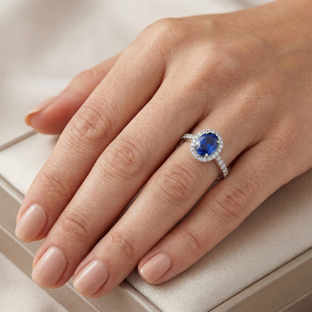 Halo Blue Sapphire And Natural Earth Mined Diamond Engagement Ring 2.25 Carat Gold 14K