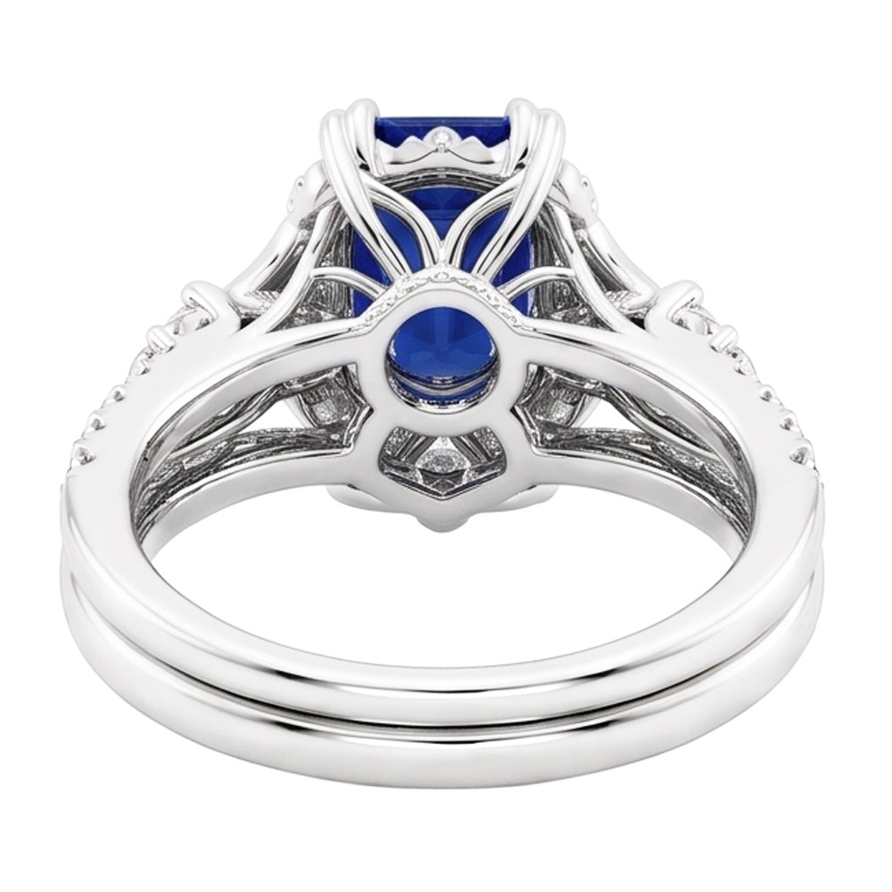 Halo Cathedral Setting Wedding Ring Set Blue Sapphire & Natural Earth Mined Diamonds