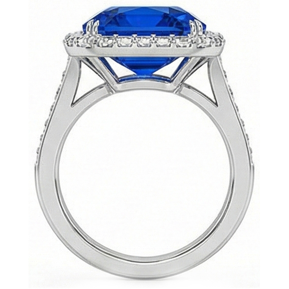 Halo Ceylon Sapphire Radiant Shaped Ring 5 Carats Baguette Natural Earth Mined Diamonds