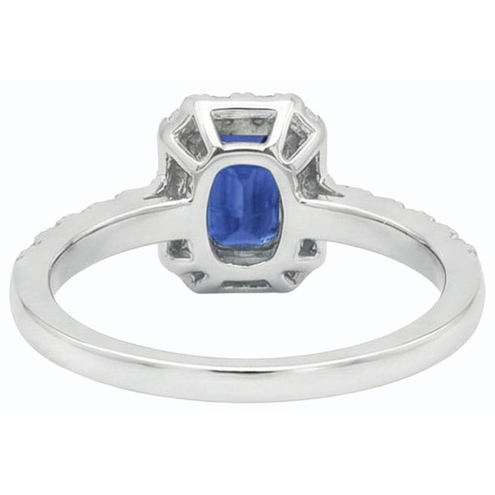 Halo Ceylon Sapphire Ring Emerald Cut & Natural Earth Mined Diamonds 3.50 Carats