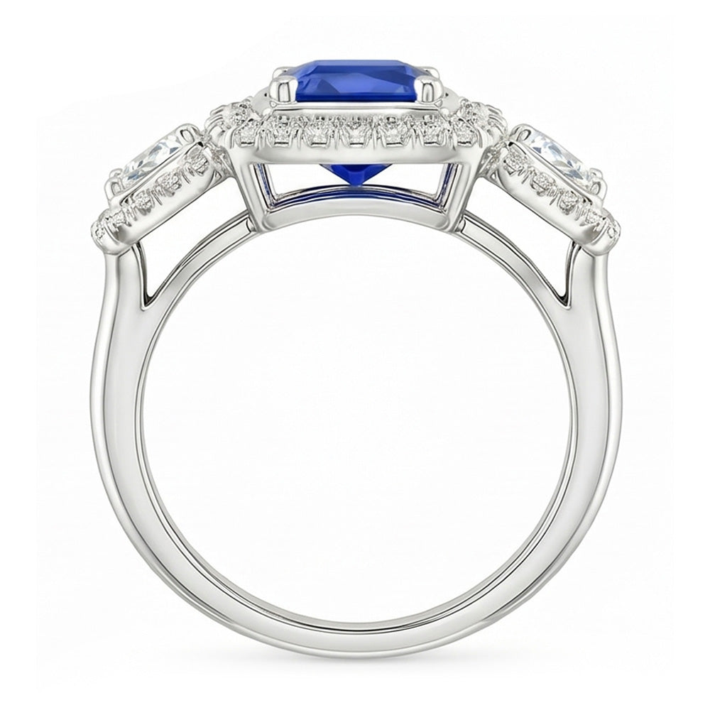 Halo Cushion Blue Sapphire Ring 3 Carats Women’s Natural Earth Mined Diamond Jewelry