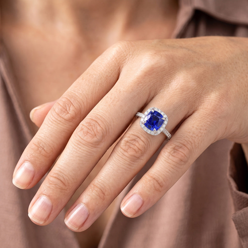 Halo Cushion Ceylon Sapphire Ring With Accents Natural Earth Mined Diamond 3.50 Carats
