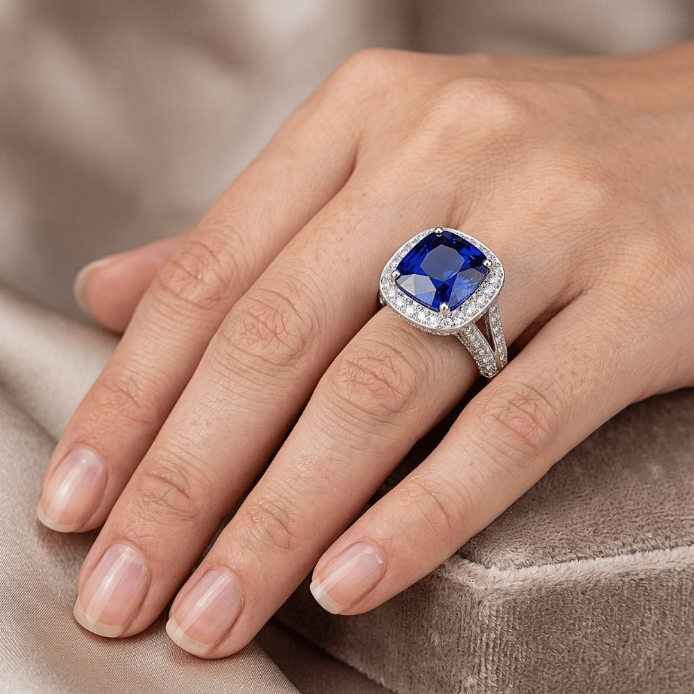 Halo Cushion Sapphire Ring White Gold 14K Natural Earth Mined Diamond Jewelry 4.50 Carats