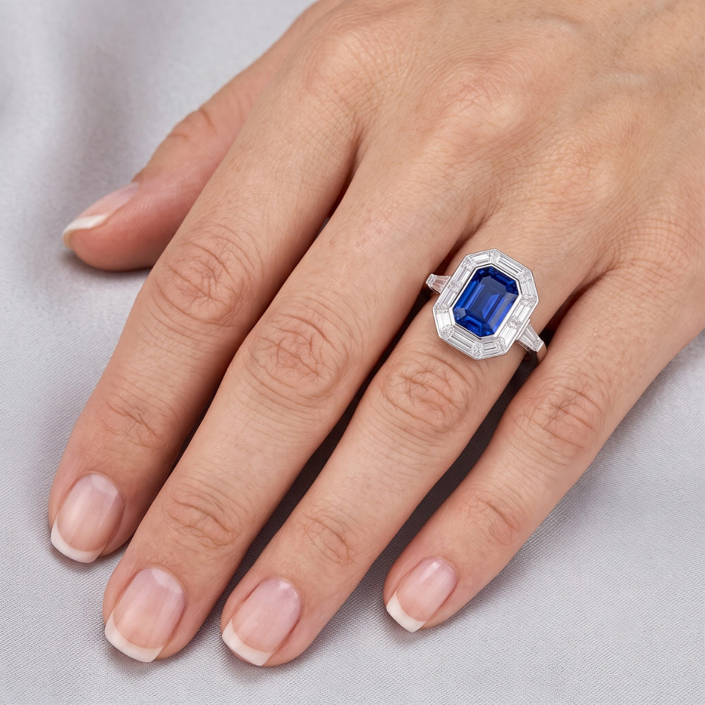Halo Emerald Ceylon Sapphire Ring 3.50 Carats Natural Earth Mined Diamond Ladies Jewelry