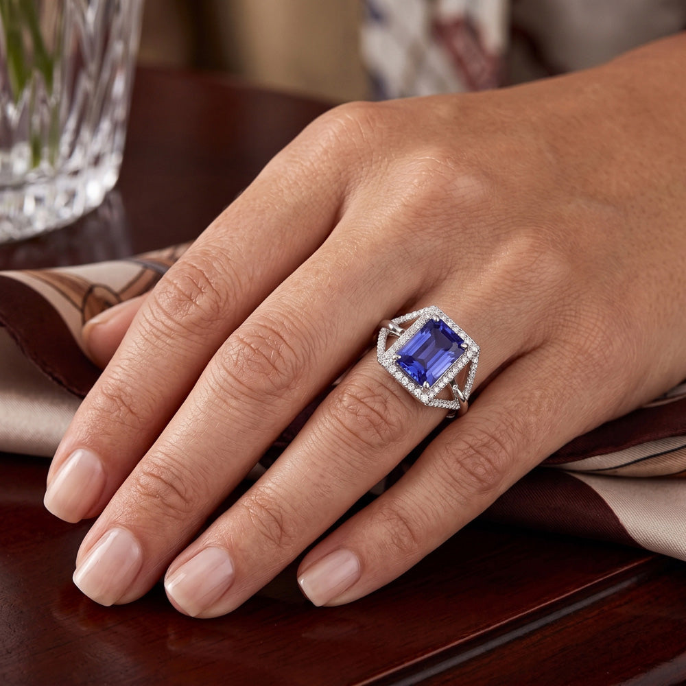 Halo Emerald Sapphire Ring 4.50 Carats Split Shank Natural Earth Mined Diamond Jewelry