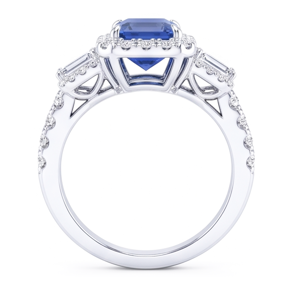 Halo Emerald Wedding Ring Blue Sapphire Baguette Natural Earth Mined Diamonds 3.50 Carats