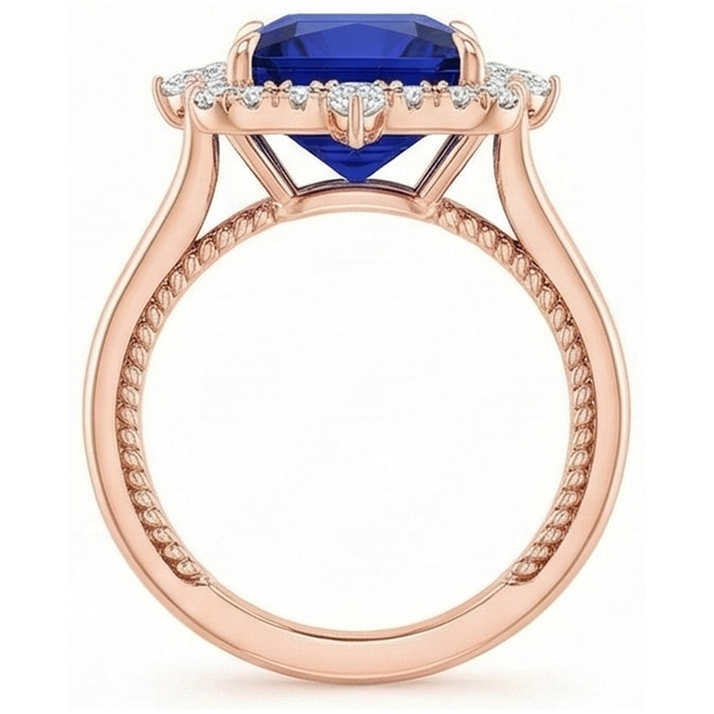 Natural Real ( Not Lab Grown ) Halo Engagement Ring Vintage Style Blue Sapphire 6.25 Carats Rose Gold