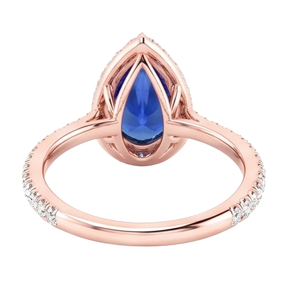 Halo Gold Anniversary Ring Pear Blue Sapphire & Natural Earth Mined Diamonds 5 Carats