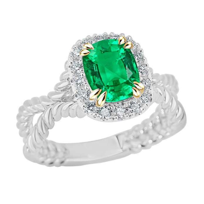 Halo Green Emerald Ring Unique Design Twisted Shank