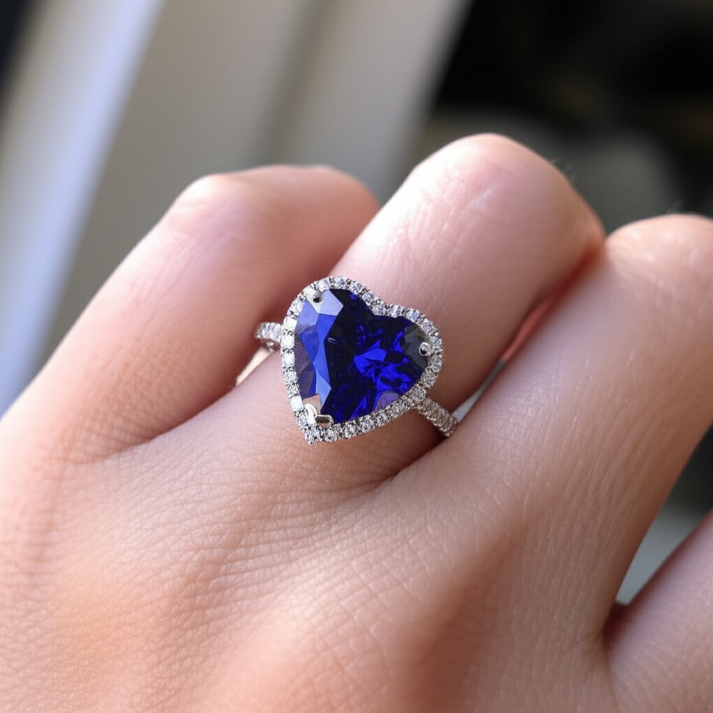 Halo Heart Ceylon Sapphire Engagement Ring 4.50 Carats Natural Earth Mined Diamond Jewelry