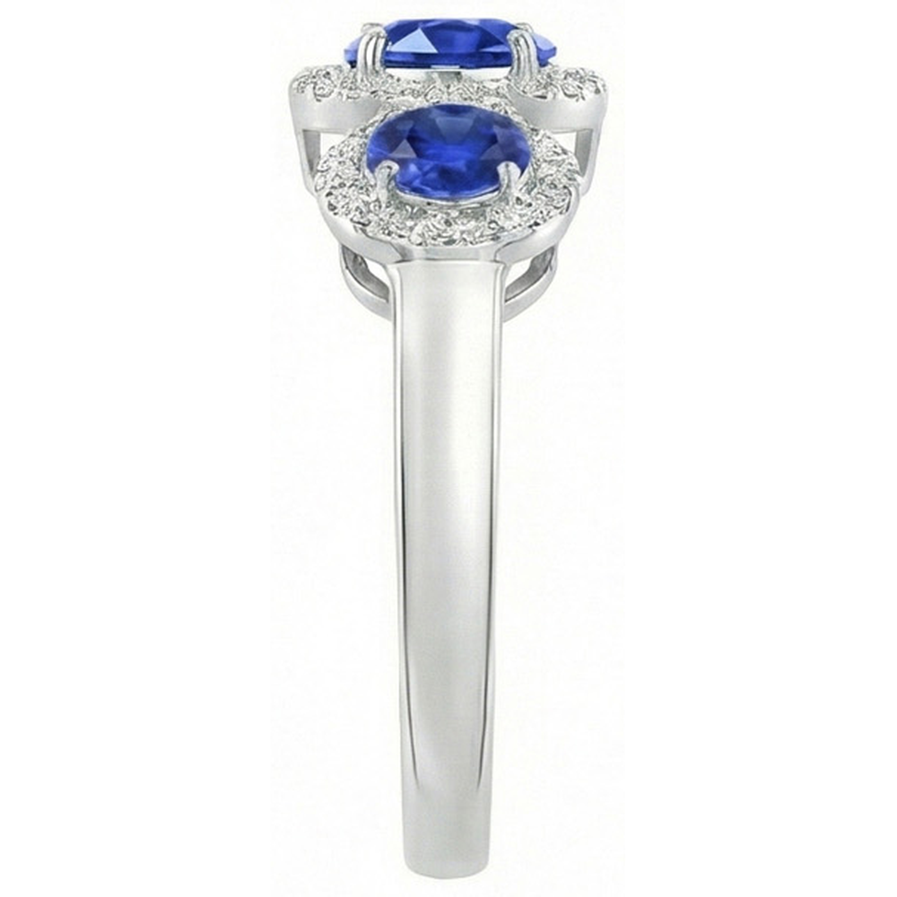 Halo Natural Earth Mined Diamond 3 Stone Style Ceylon Sapphire Ring 4.50 Carats White Gold