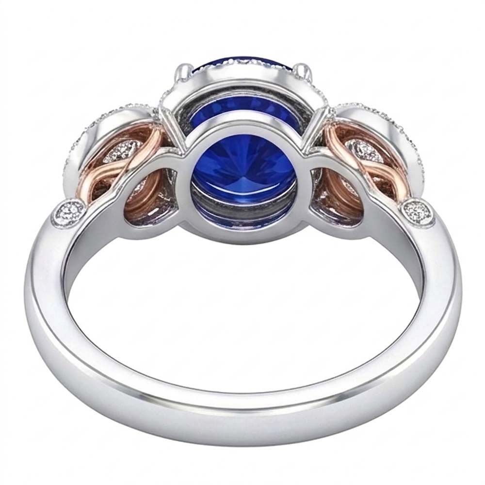 Halo Natural Earth Mined Diamond Anniversary Ring Round Blue Sapphire Two Tone 3.50 Carats