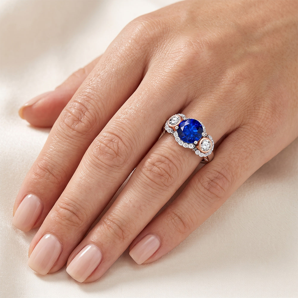 Halo Natural Earth Mined Diamond Anniversary Ring Round Blue Sapphire Two Tone 3.50 Carats